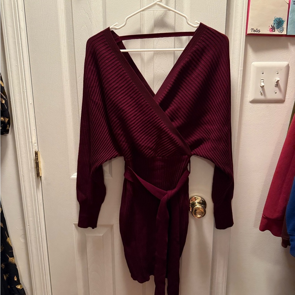 Love Tree Small Burgundy Ribbed Knit Wrap Dress
